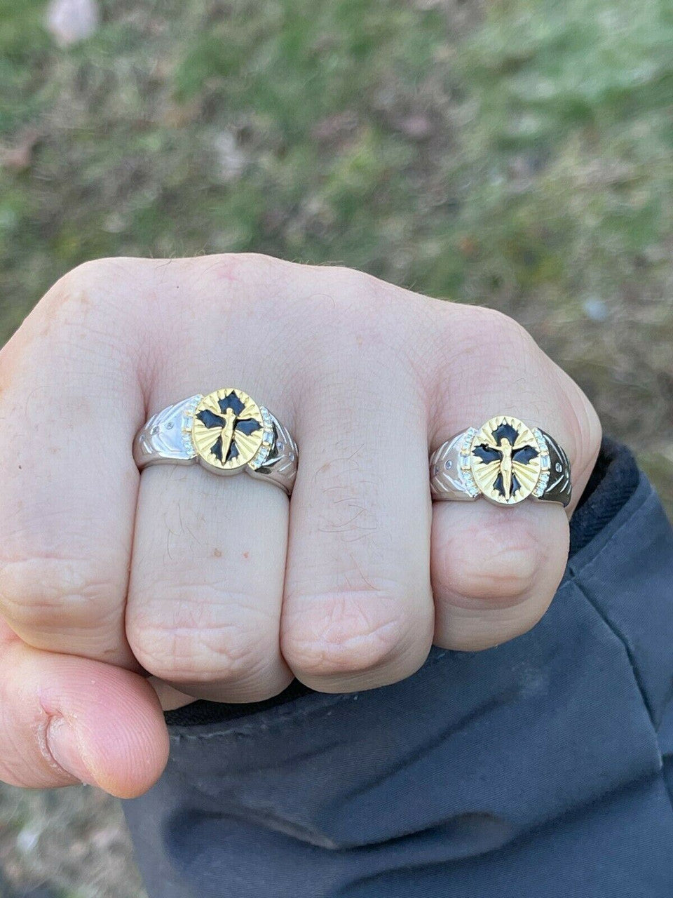 Italiano Silver, Inc Mens Real Solid 925 Sterling Silver Jesus On Cross Ring 14k Gold and Enamel Finish