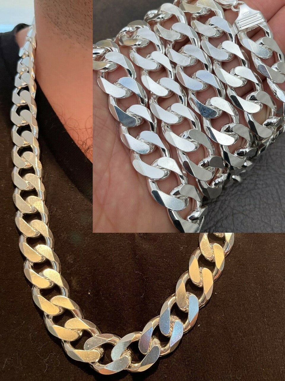 Mens Real Solid 925 Sterling Silver Miami Cuban Link Kilo Chain 17.5mm ...