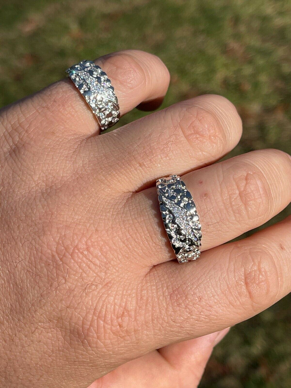 Italiano Silver, Inc Mens REAL Solid 925 Sterling Silver Nugget Band Ring W Iced Diamond Claw Mark