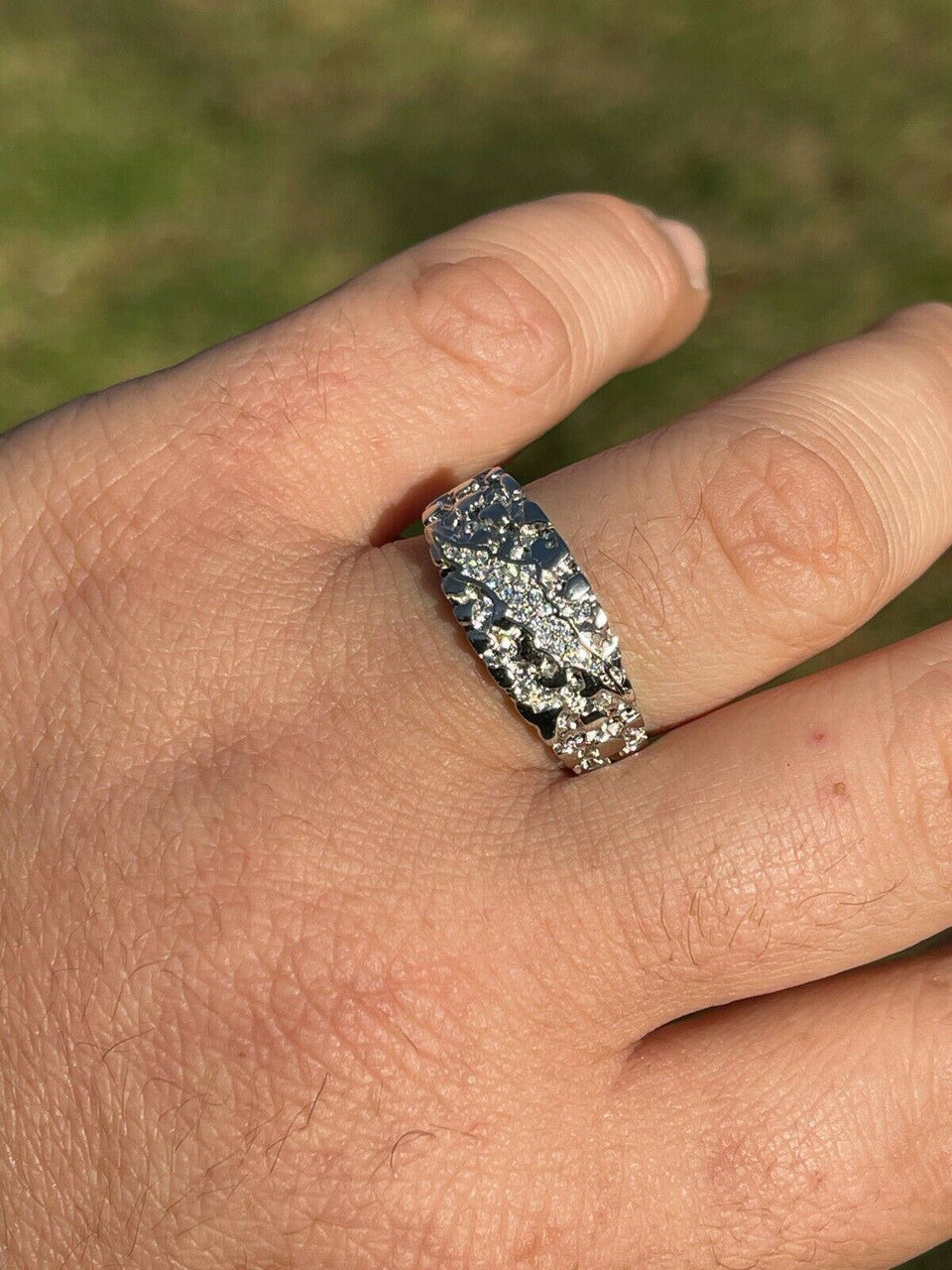 Italiano Silver, Inc Mens REAL Solid 925 Sterling Silver Nugget Band Ring W Iced Diamond Claw Mark