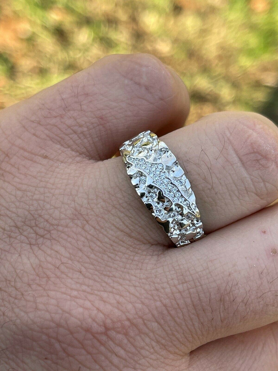 Italiano Silver, Inc Mens REAL Solid 925 Sterling Silver Nugget Band Ring W Iced Diamond Claw Mark