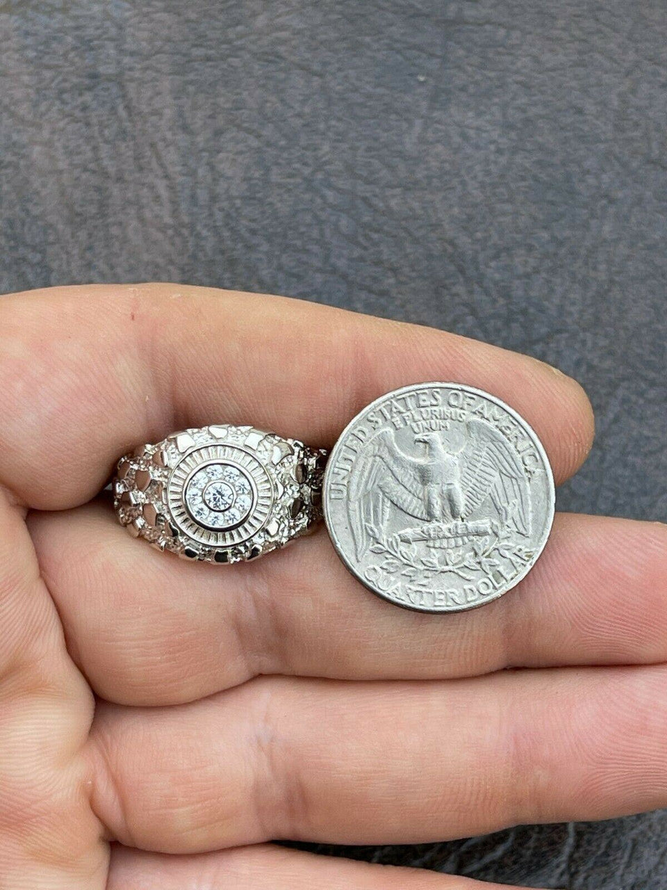 Italiano Silver, Inc Mens REAL Solid 925 Sterling Silver Nugget Ring Solitaire Cluster Iced Diamonds