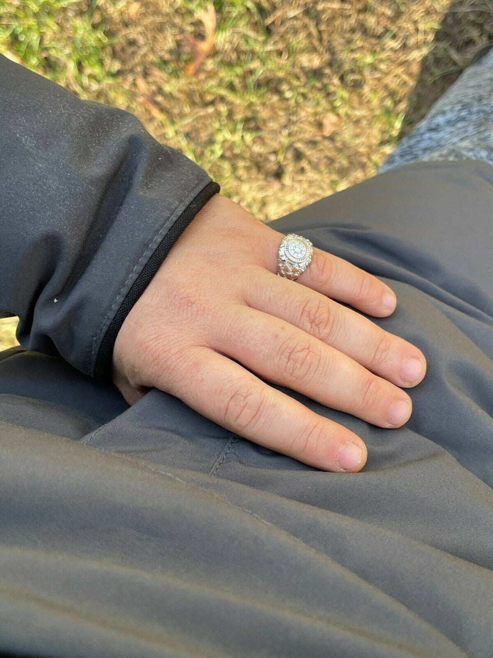 Italiano Silver, Inc Mens REAL Solid 925 Sterling Silver Nugget Ring Solitaire Cluster Iced Diamonds