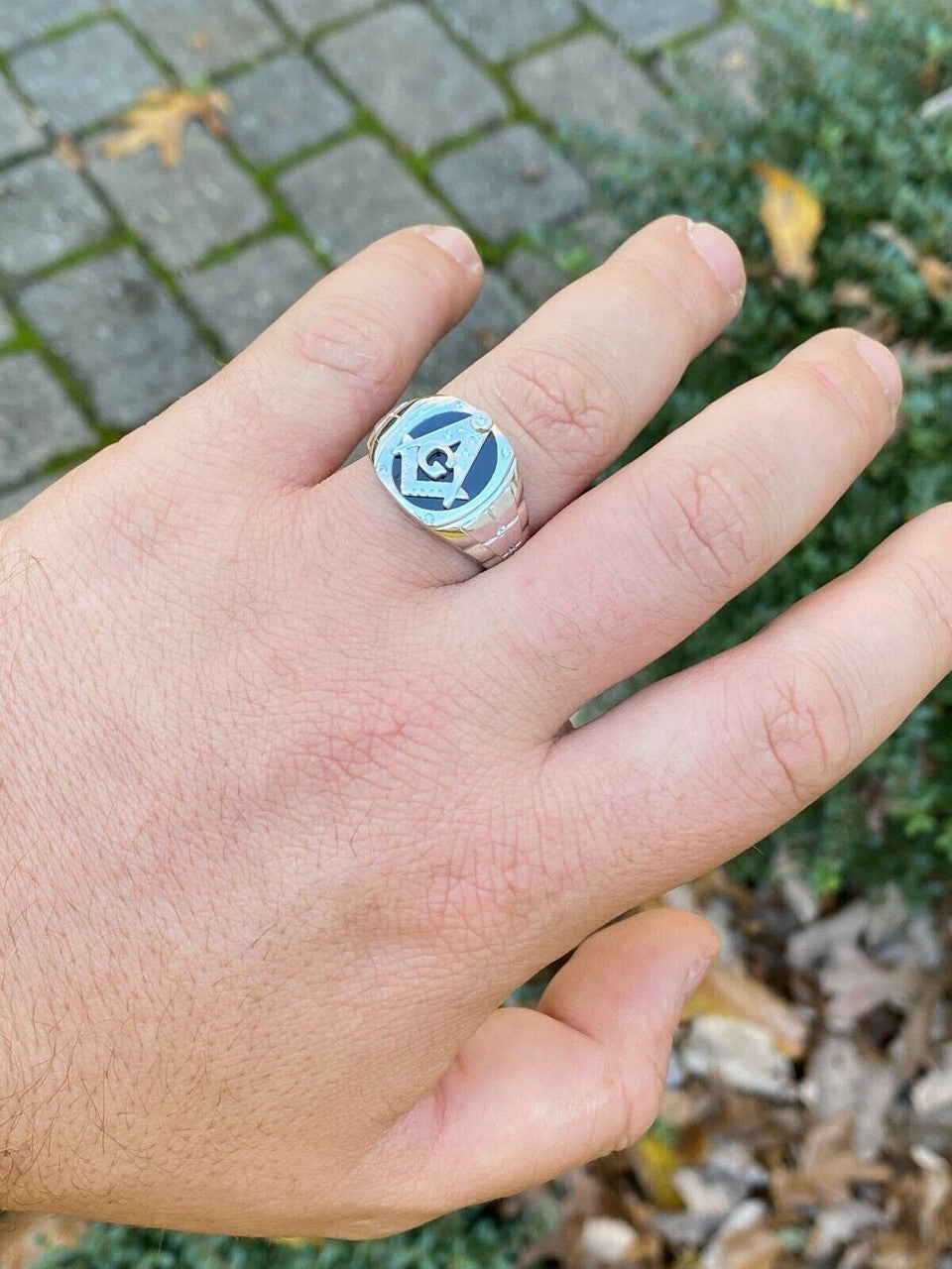 Italiano Silver, Inc Mens Real Solid 925 Sterling Silver Ring FreeMason Masonic Letter G Black Onyx