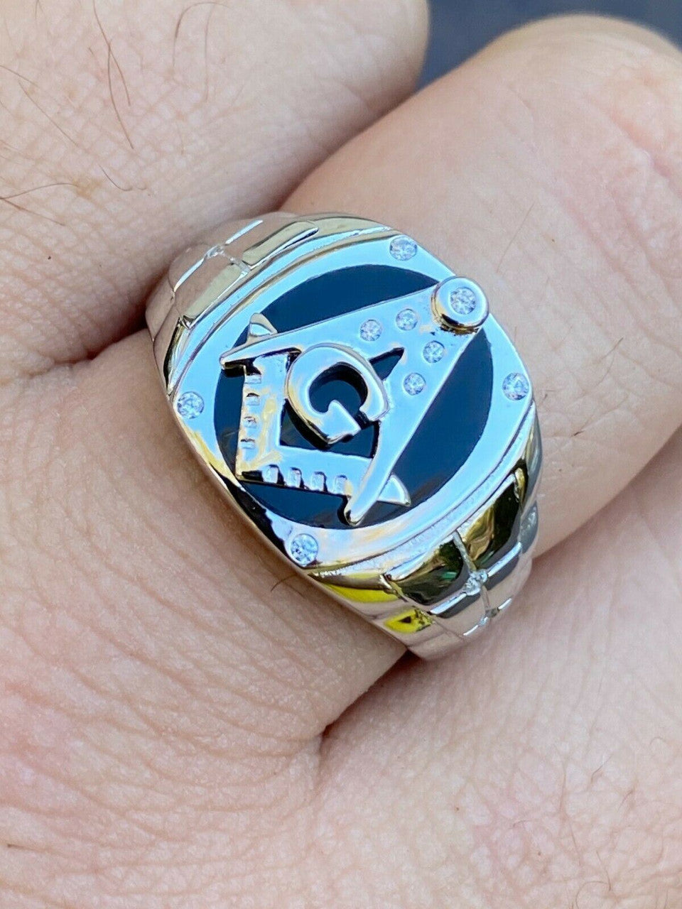 Italiano Silver, Inc Mens Real Solid 925 Sterling Silver Ring FreeMason Masonic Letter G Black Onyx