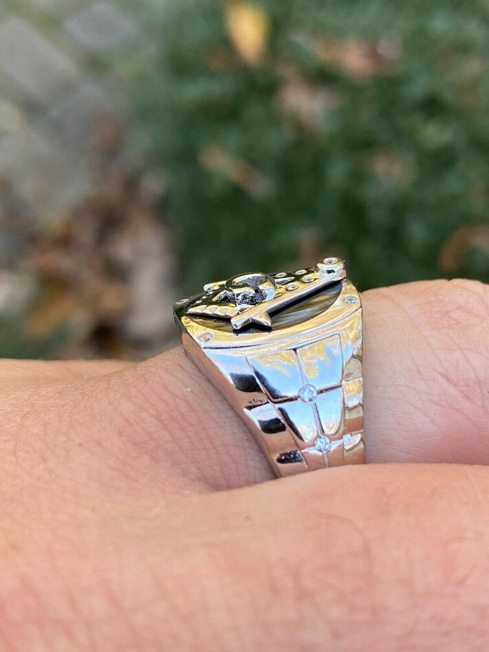 Italiano Silver, Inc Mens Real Solid 925 Sterling Silver Ring FreeMason Masonic Letter G Black Onyx