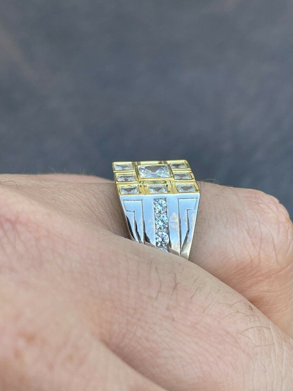 Italiano Silver, Inc Mens REAL Solid 925 Sterling Silver W 10k Gold Bezel Iced Baguette Diamond Ring