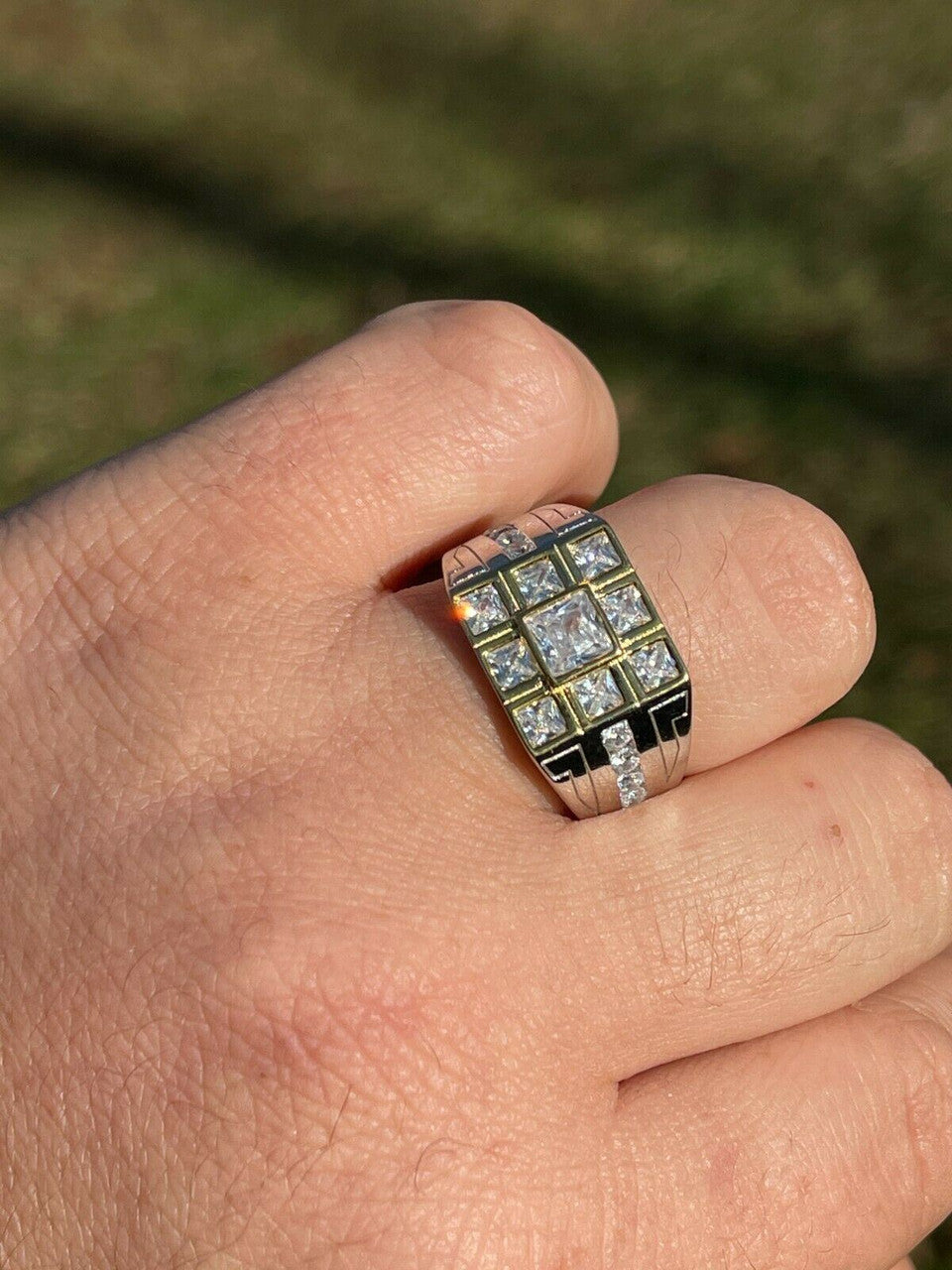 Italiano Silver, Inc Mens REAL Solid 925 Sterling Silver W 10k Gold Bezel Iced Baguette Diamond Ring