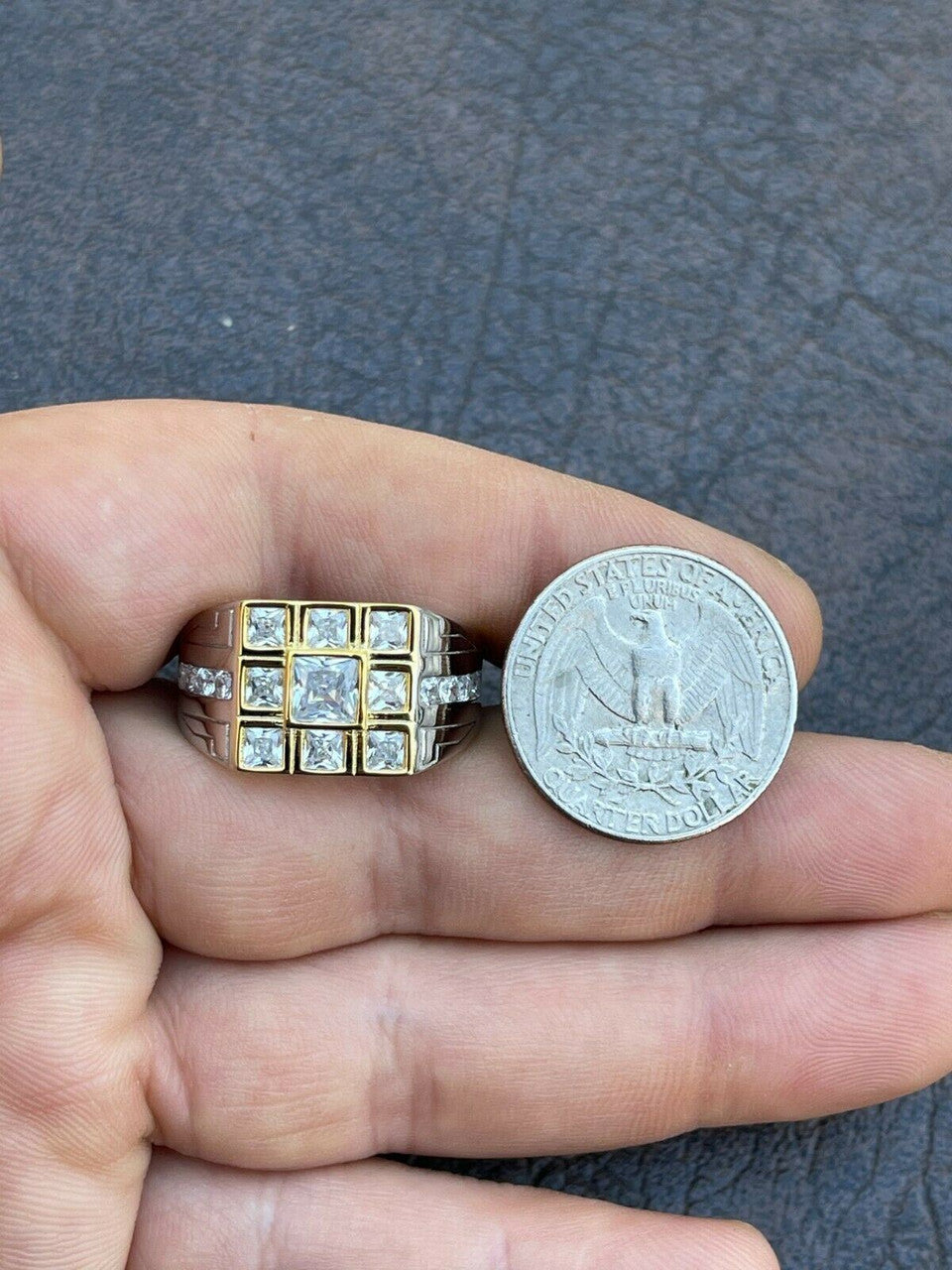 Italiano Silver, Inc Mens REAL Solid 925 Sterling Silver W 10k Gold Bezel Iced Baguette Diamond Ring