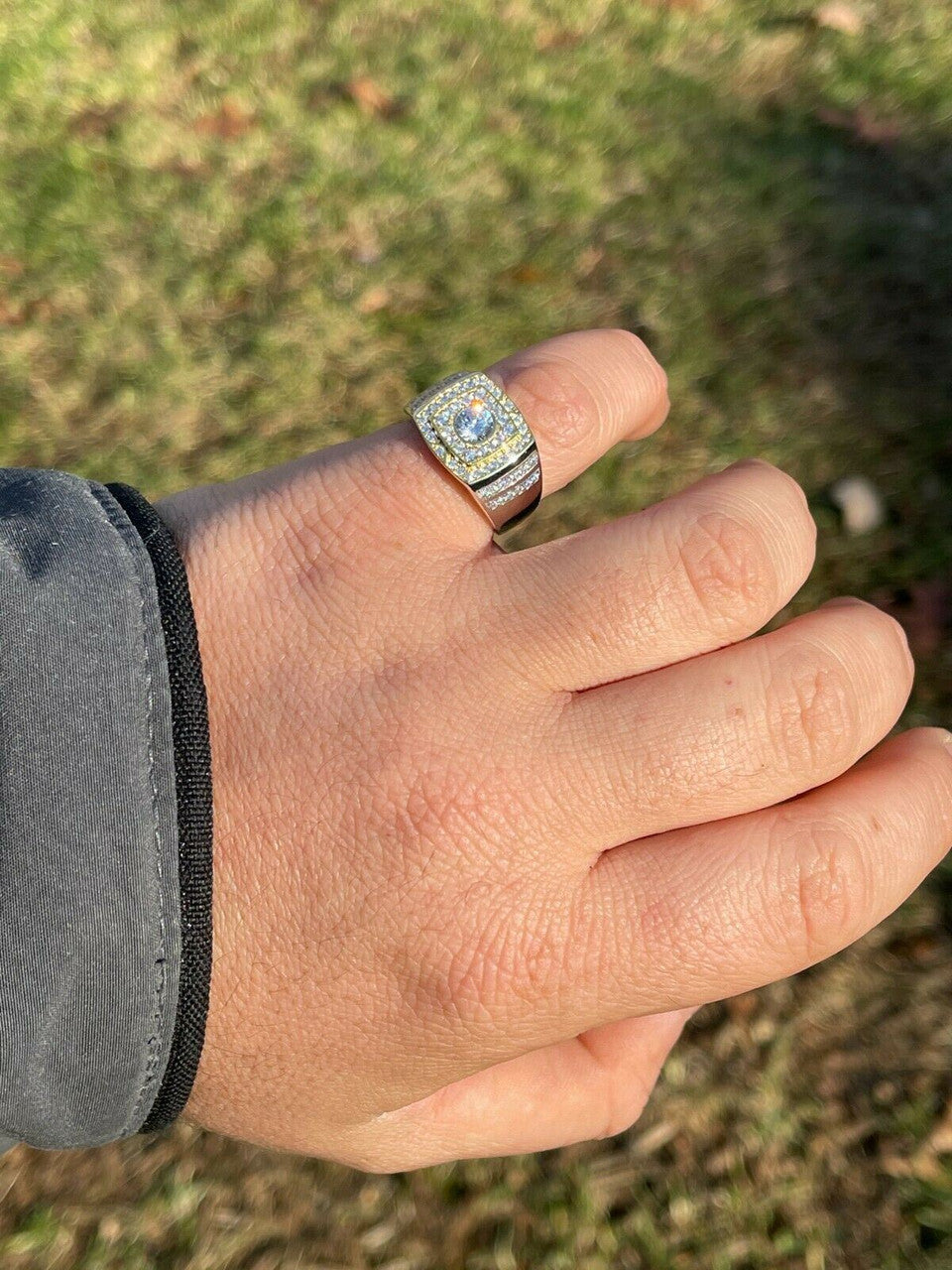 Italiano Silver, Inc Mens REAL Solid 925 Sterling Silver W 10k Gold Bezel Iced Diamond Solitaire Ring