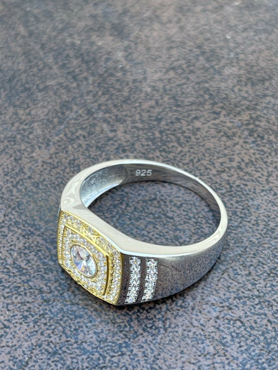 Italiano Silver, Inc Mens REAL Solid 925 Sterling Silver W 10k Gold Bezel Iced Diamond Solitaire Ring