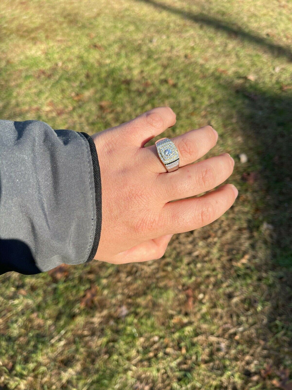 Italiano Silver, Inc Mens REAL Solid 925 Sterling Silver W 10k Gold Bezel Iced Diamond Solitaire Ring