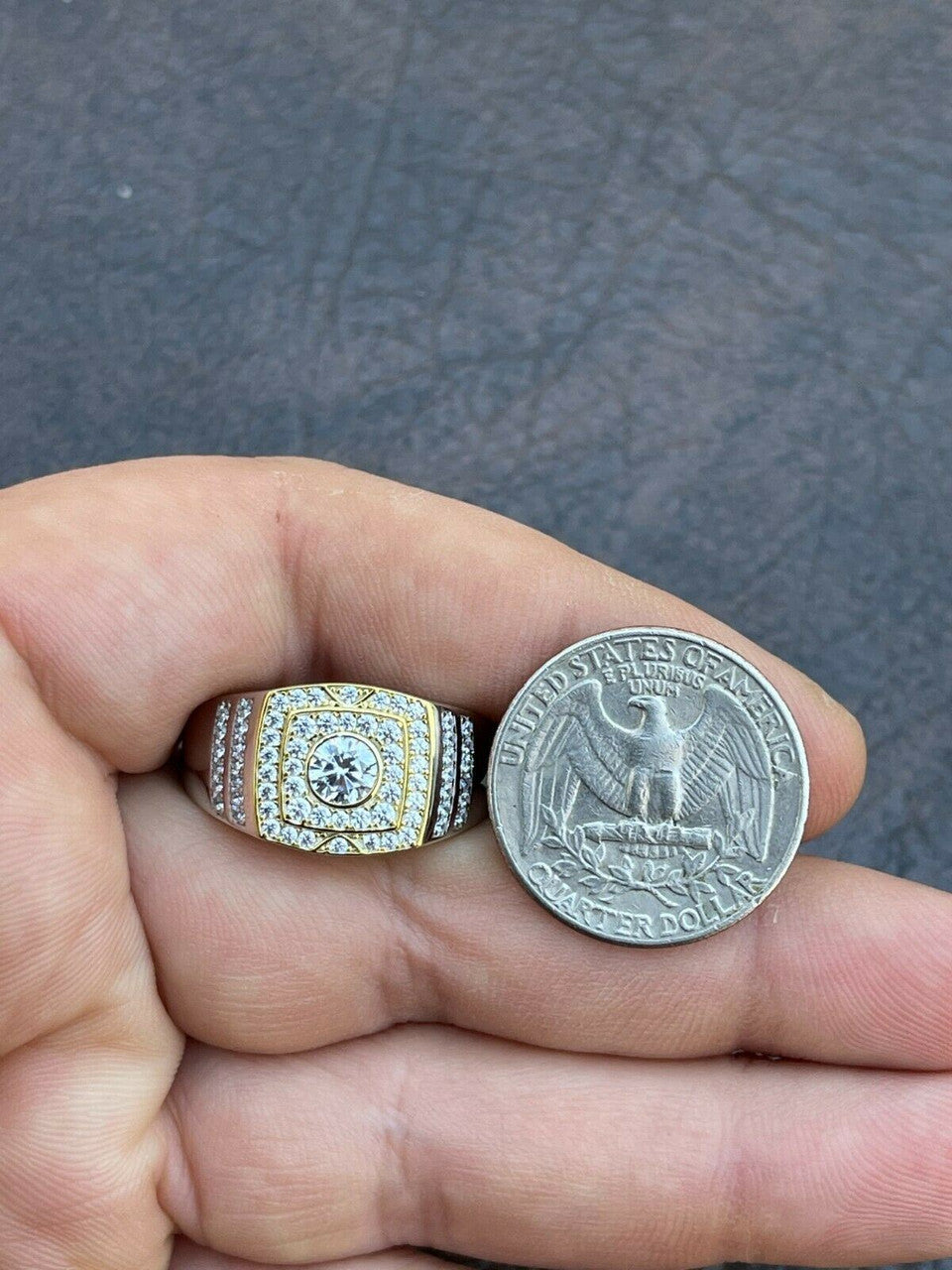 Italiano Silver, Inc Mens REAL Solid 925 Sterling Silver W 10k Gold Bezel Iced Diamond Solitaire Ring