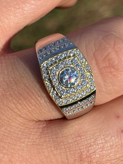 Italiano Silver, Inc Mens REAL Solid 925 Sterling Silver W 10k Gold Bezel Iced Diamond Solitaire Ring