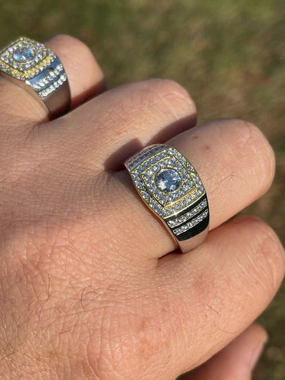 Italiano Silver, Inc Mens REAL Solid 925 Sterling Silver W 10k Gold Bezel Iced Diamond Solitaire Ring