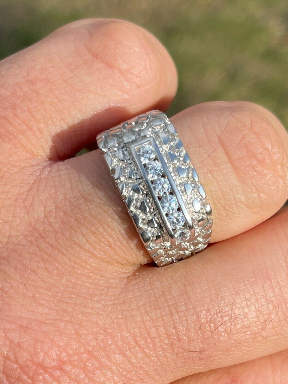 Italiano Silver, Inc Mens Real Solid Sterling Silver Iced Diamond Nugget Ring Hip Hop Pinky Anillo