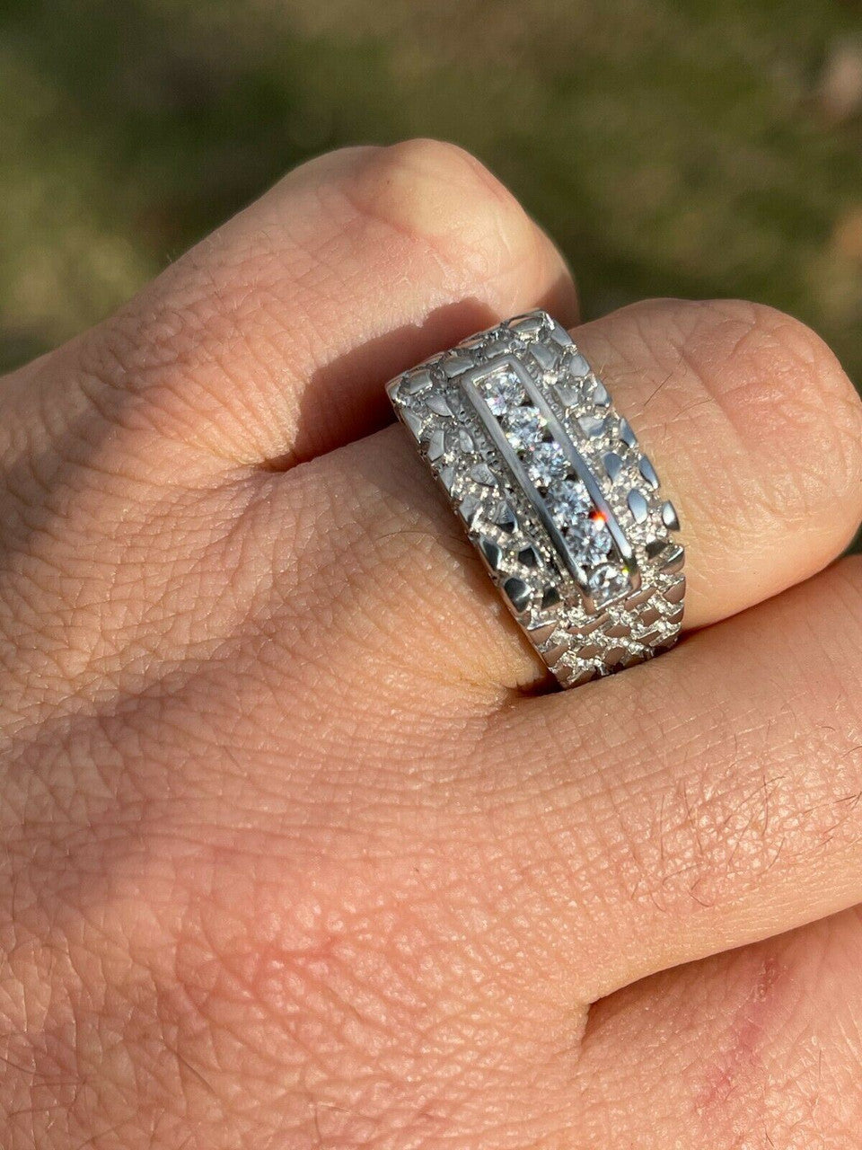 Italiano Silver, Inc Mens Real Solid Sterling Silver Iced Diamond Nugget Ring Hip Hop Pinky Anillo