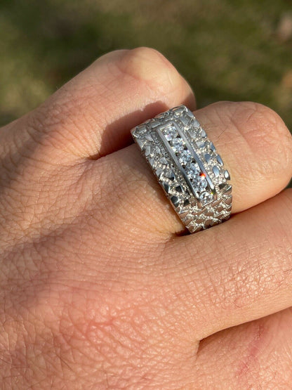 Italiano Silver, Inc Mens Real Solid Sterling Silver Iced Diamond Nugget Ring Hip Hop Pinky Anillo