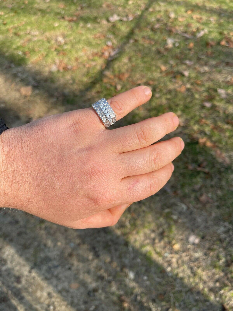Men's Real Solid Sterling Silver Iced Diamond Nugget Ring Hip Hop