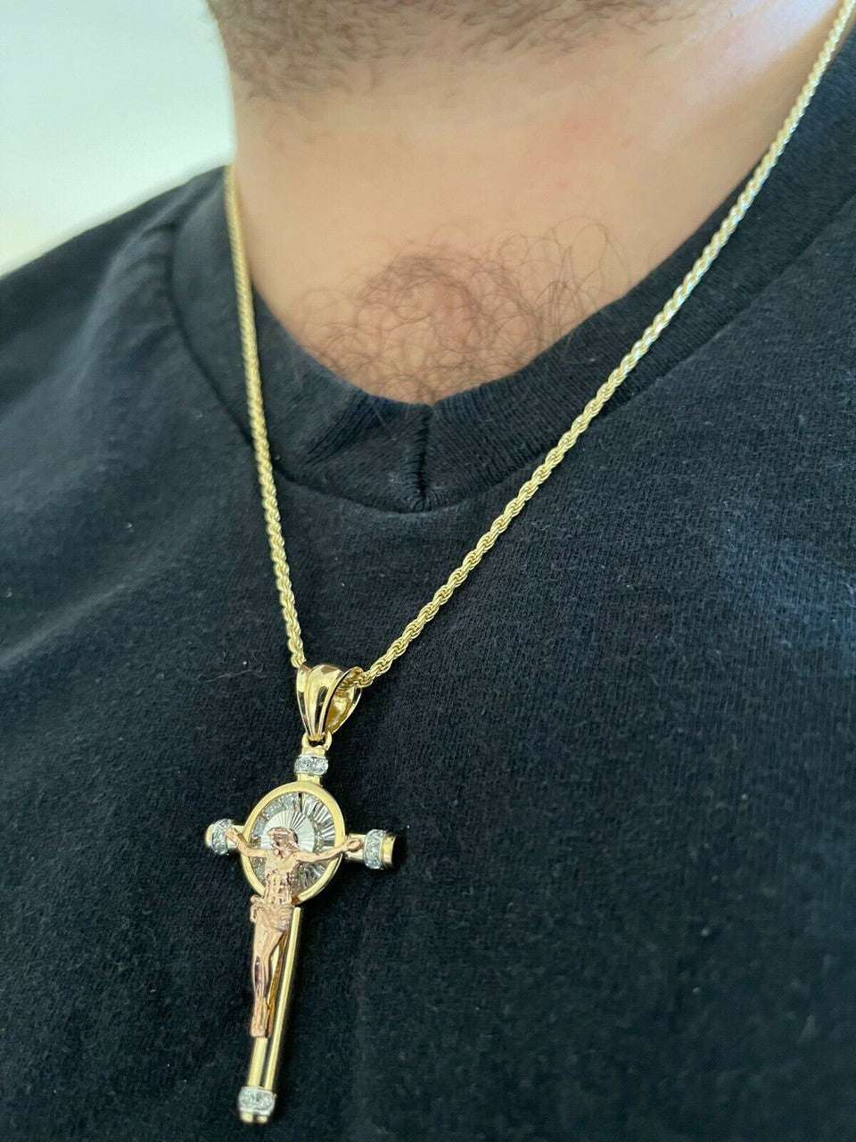 Mens Solid 925 Silver Cross W. Jesus Pendant Yellow & Rose Gold