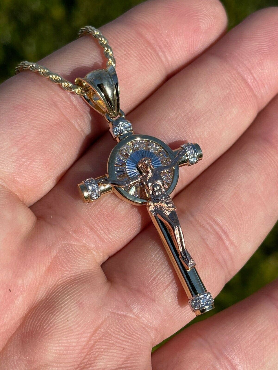 Mens Solid 925 Silver Cross W. Jesus Pendant Yellow & Rose Gold