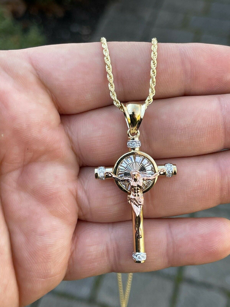 Mens Solid 925 Silver Cross W. Jesus Pendant Yellow & Rose Gold
