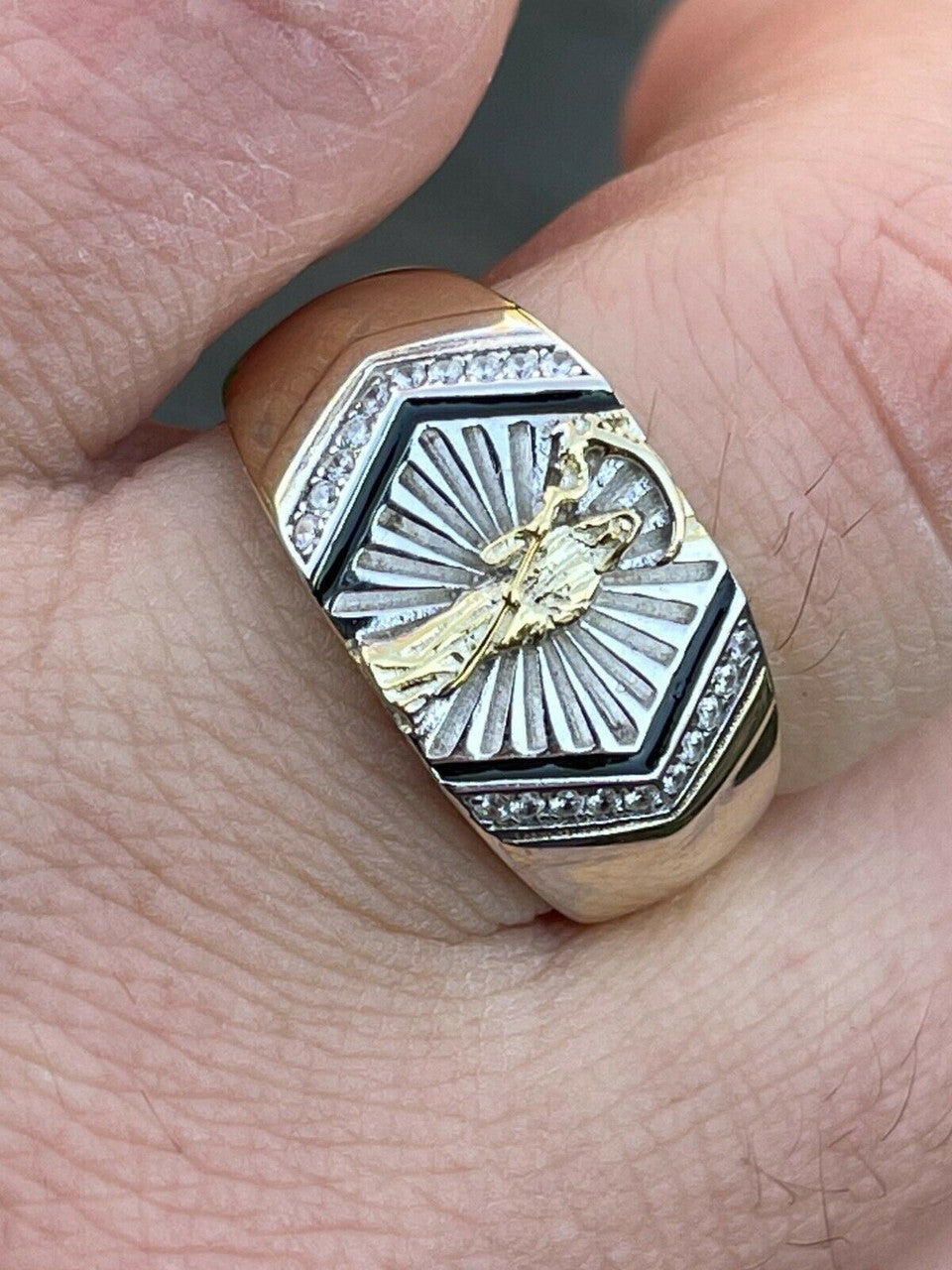 Italiano Silver, Inc Mens Solid 925 Sterling Silver and 14k Gold Grim Reaper Santa Muerte Pinky Ring