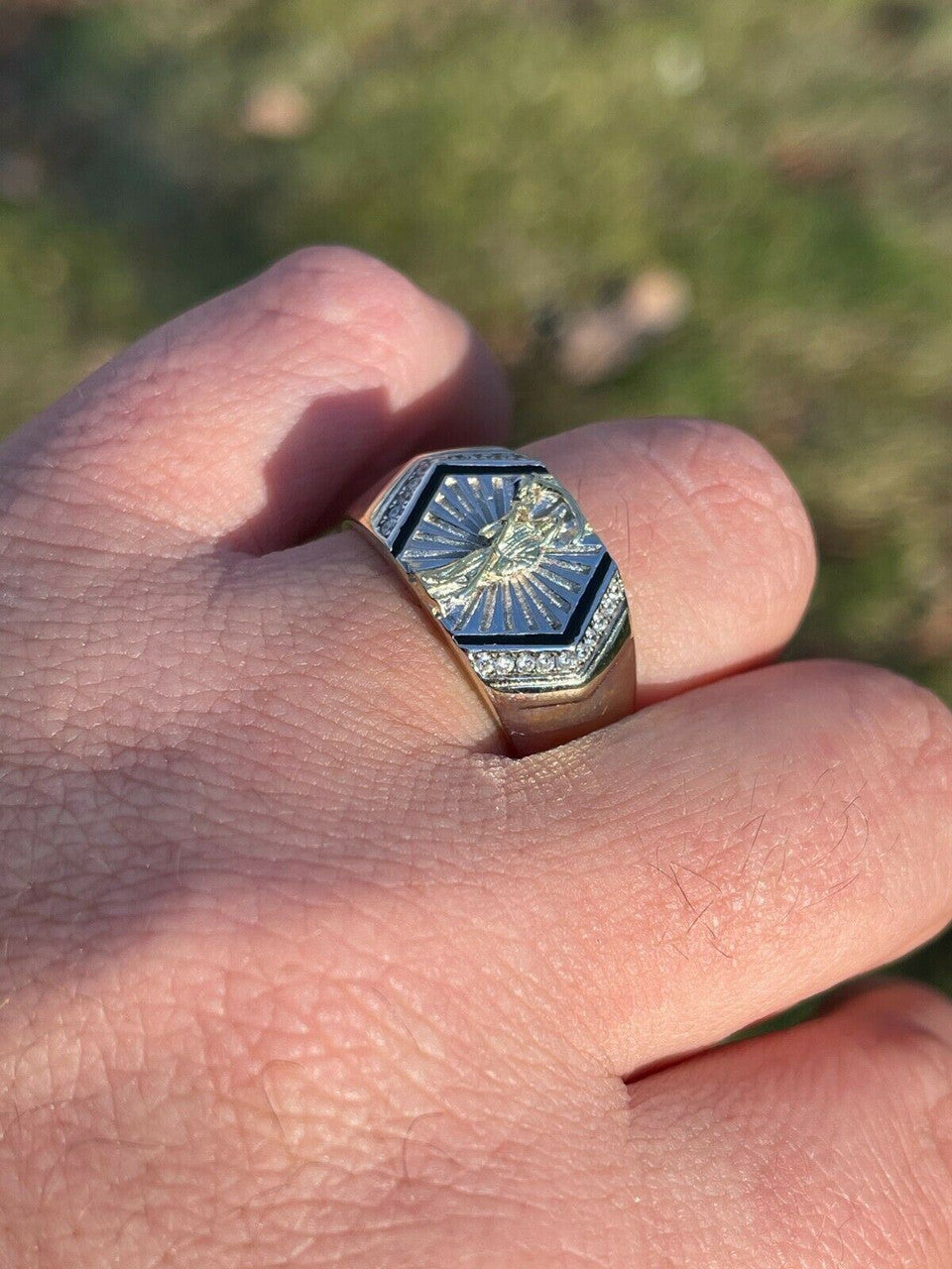 Italiano Silver, Inc Mens Solid 925 Sterling Silver and 14k Gold Grim Reaper Santa Muerte Pinky Ring