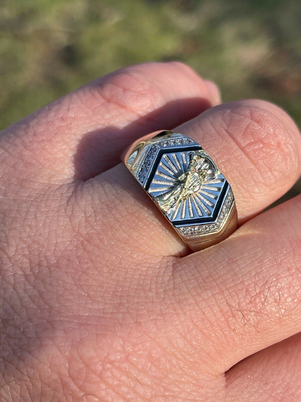 Italiano Silver, Inc Mens Solid 925 Sterling Silver and 14k Gold Grim Reaper Santa Muerte Pinky Ring