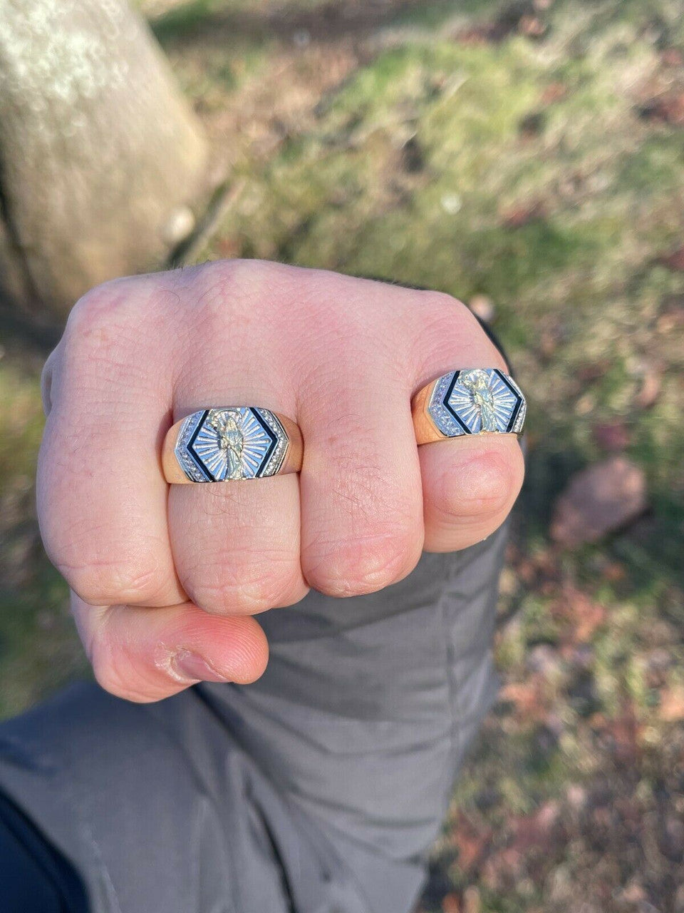 Italiano Silver, Inc Mens Solid 925 Sterling Silver and 14k Gold Grim Reaper Santa Muerte Pinky Ring