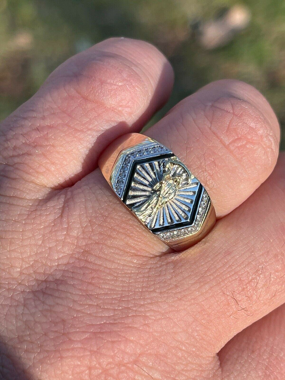 Italiano Silver, Inc Mens Solid 925 Sterling Silver and 14k Gold Grim Reaper Santa Muerte Pinky Ring