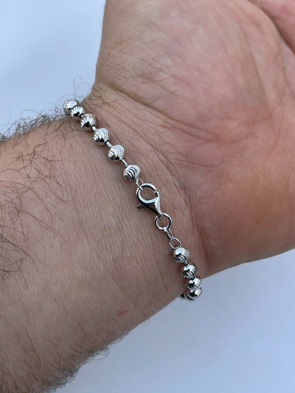 Italiano Silver, Inc Mens Solid 925 Sterling Silver Ball Moon Diamond Cut Bracelet 5mm Thick Beads
