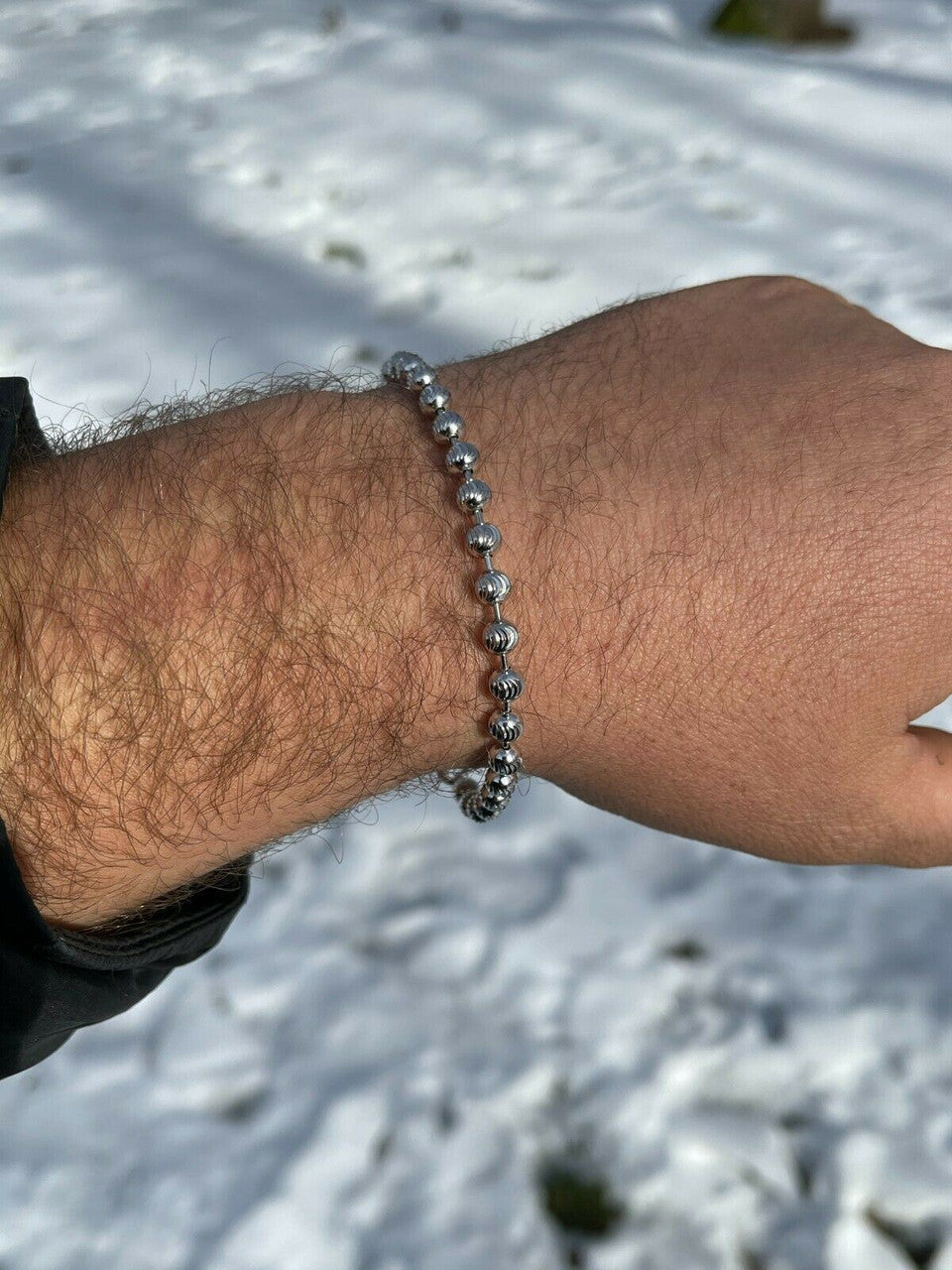 Italiano Silver, Inc Mens Solid 925 Sterling Silver Ball Moon Diamond Cut Bracelet 5mm Thick Beads