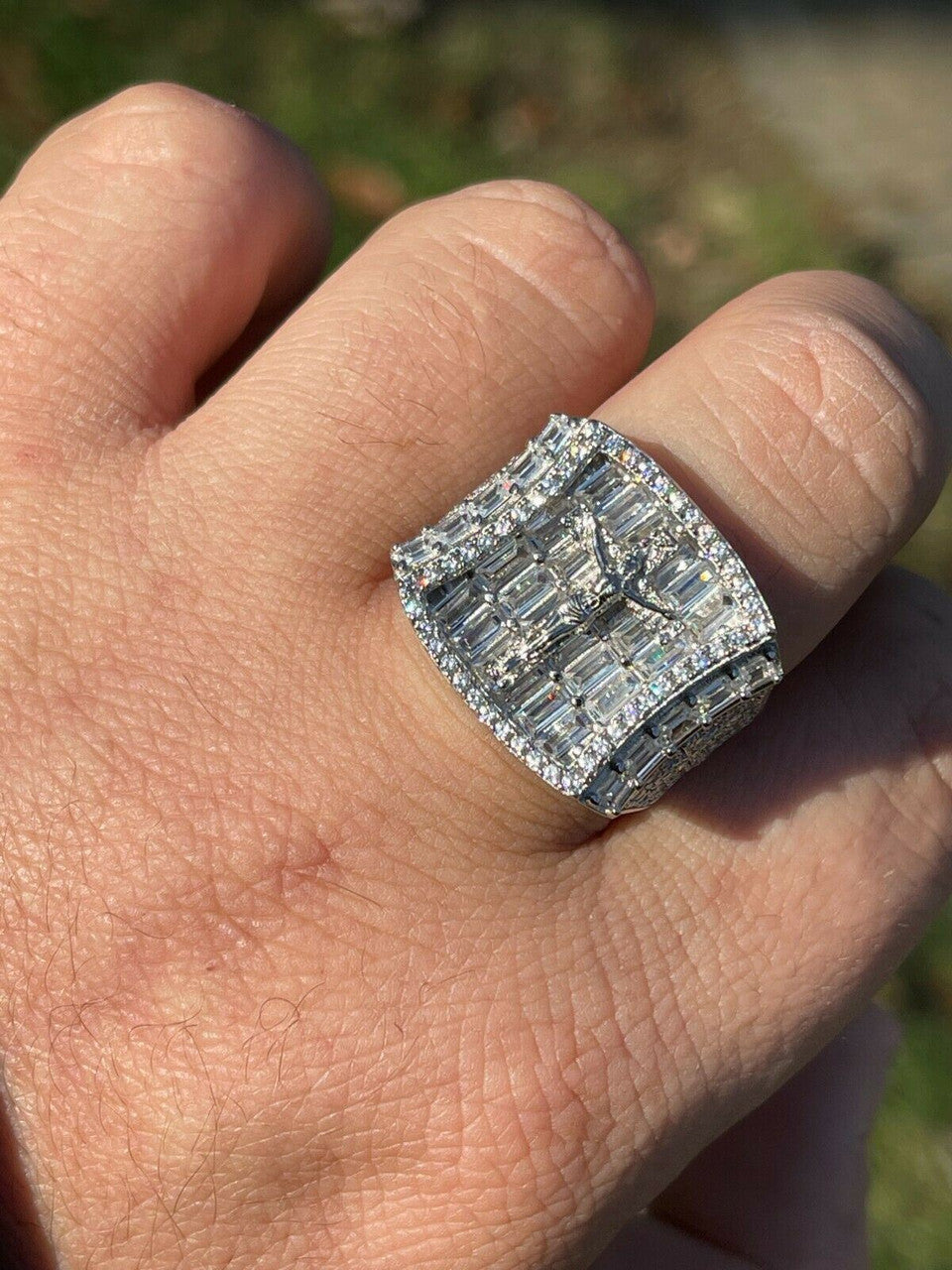 Italiano Silver, Inc Mens Solid 925 Sterling Silver Iced Hip Hop Baguette Diamond Pinky Cross Ring