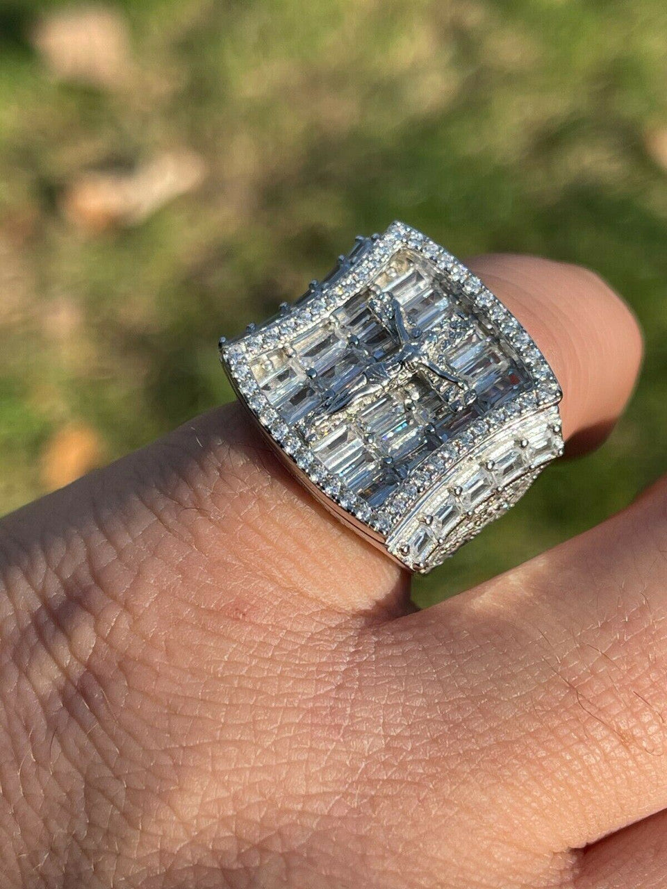 Italiano Silver, Inc Mens Solid 925 Sterling Silver Iced Hip Hop Baguette Diamond Pinky Cross Ring