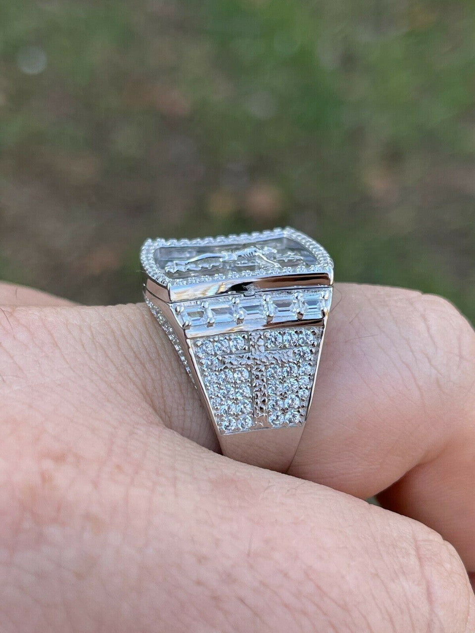 Italiano Silver, Inc Mens Solid 925 Sterling Silver Iced Hip Hop Baguette Diamond Pinky Cross Ring