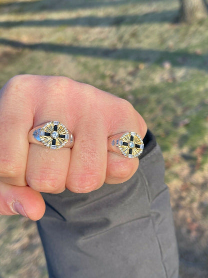 Italiano Silver, Inc Mens Solid 925 Sterling Silver W 14k Gold Solitaire Diamond Cut Iced Star Ring