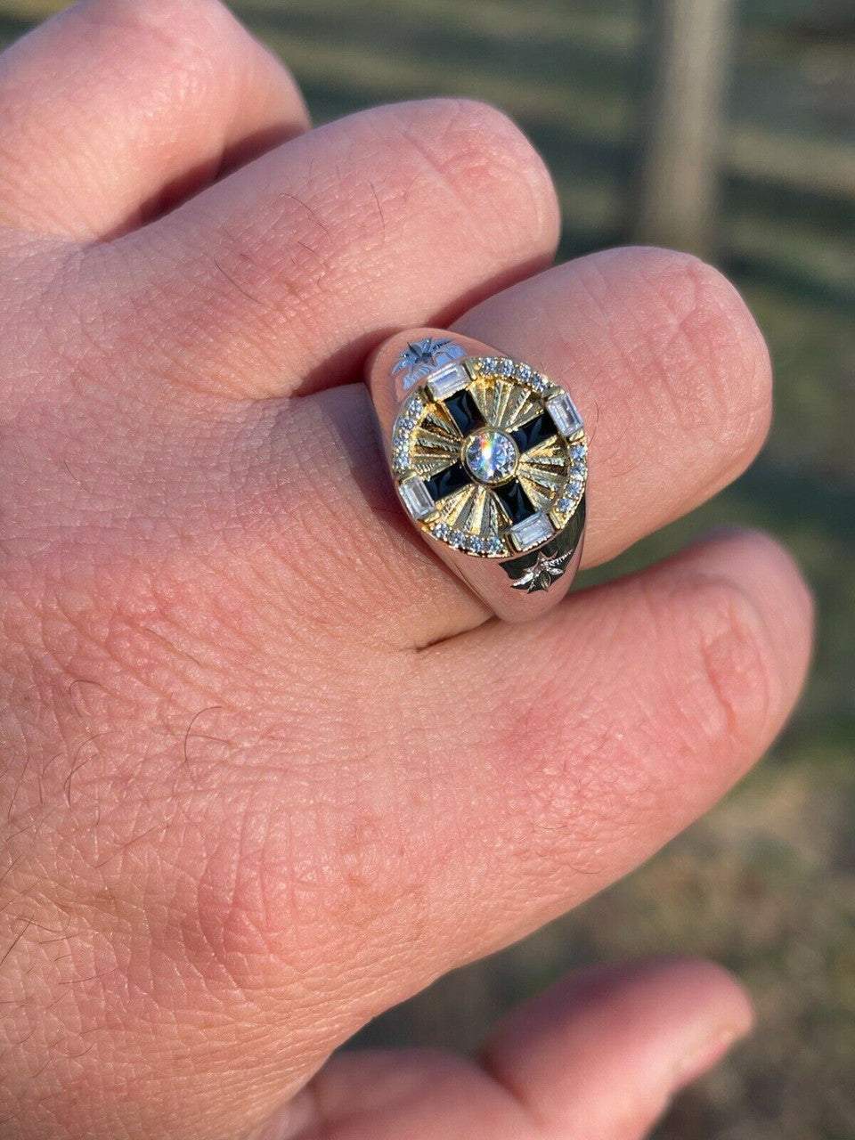 Italiano Silver, Inc Mens Solid 925 Sterling Silver W 14k Gold Solitaire Diamond Cut Iced Star Ring