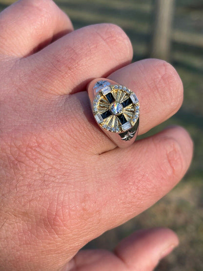 Italiano Silver, Inc Mens Solid 925 Sterling Silver W 14k Gold Solitaire Diamond Cut Iced Star Ring