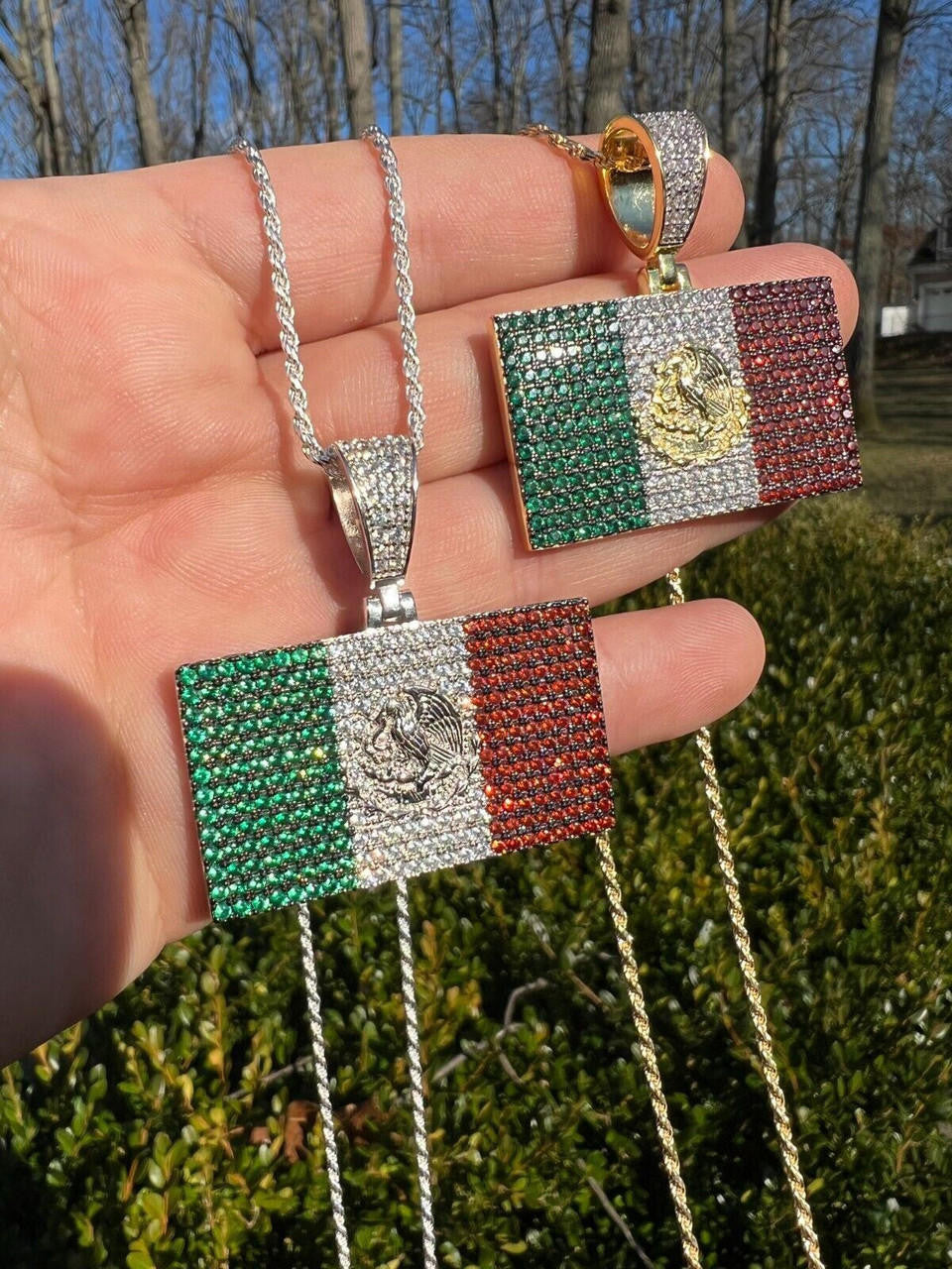 Italiano Silver, Inc. Mexico Necklace 925 Silver Gold Plated Mexican Flag Pendant Chain CZ Necklace