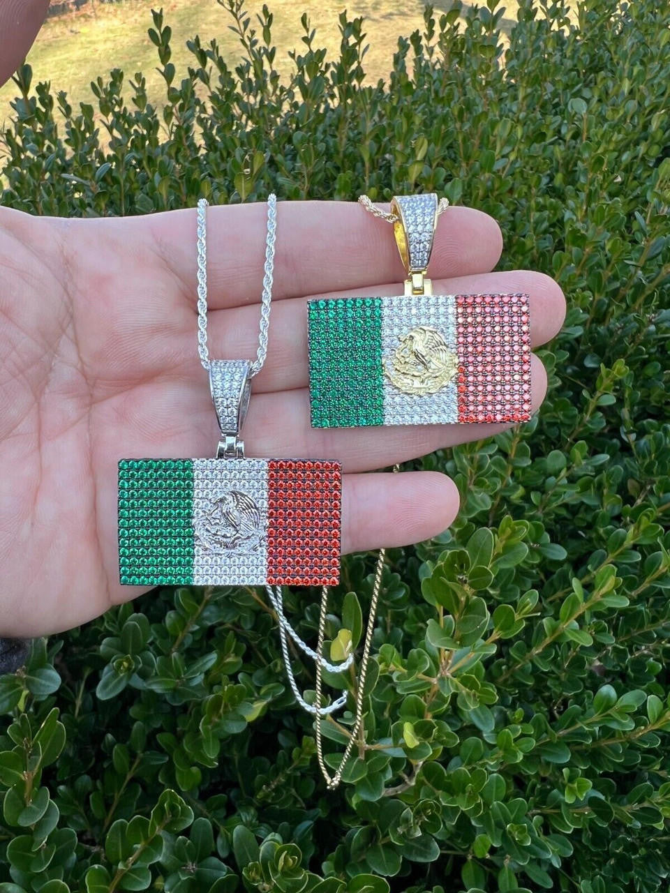 Italiano Silver, Inc. Mexico Necklace 925 Silver Gold Plated Mexican Flag Pendant Chain CZ Necklace