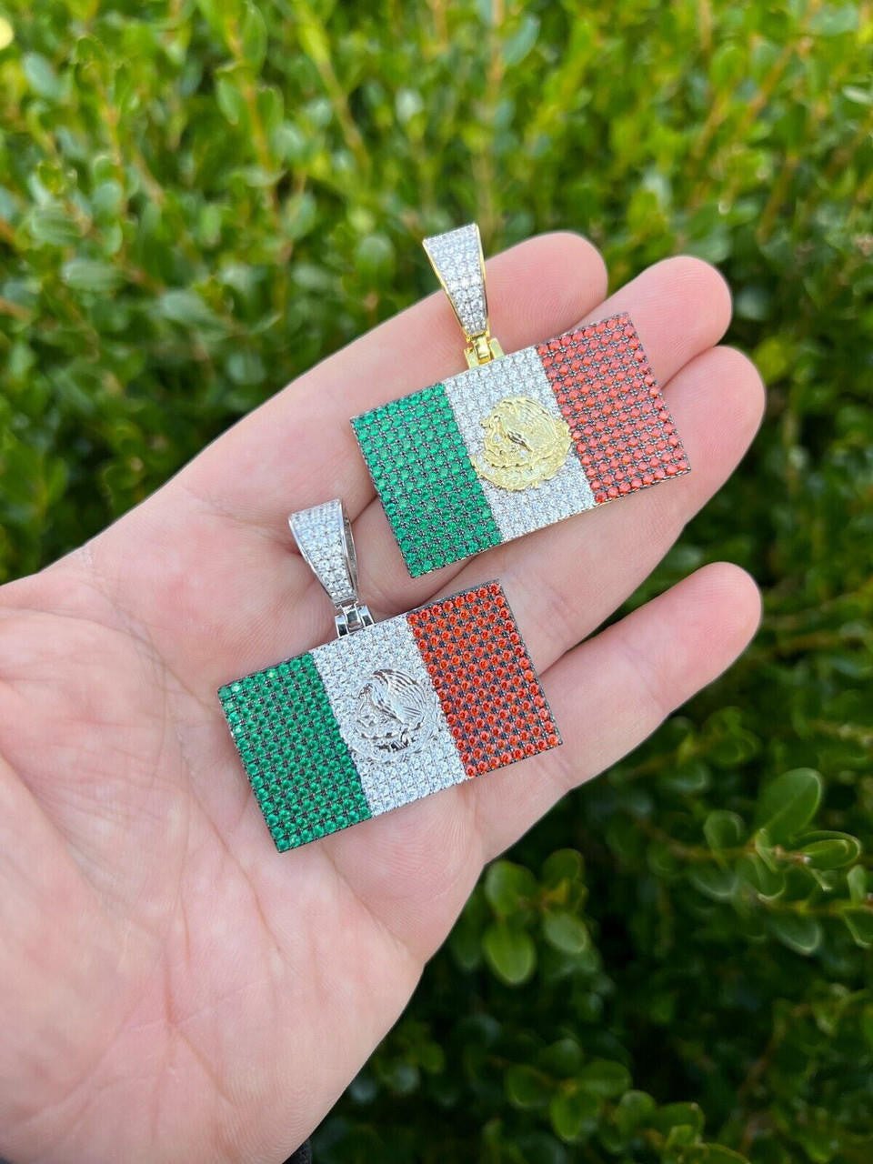 Italiano Silver, Inc. Mexico Necklace 925 Silver Gold Plated Mexican Flag Pendant Chain CZ Necklace