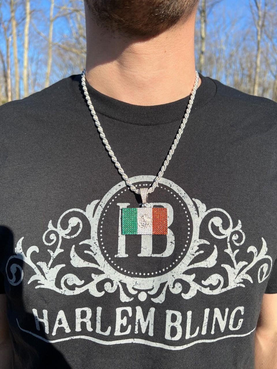 Italiano Silver, Inc. Mexico Necklace 925 Silver Gold Plated Mexican Flag Pendant Chain CZ Necklace