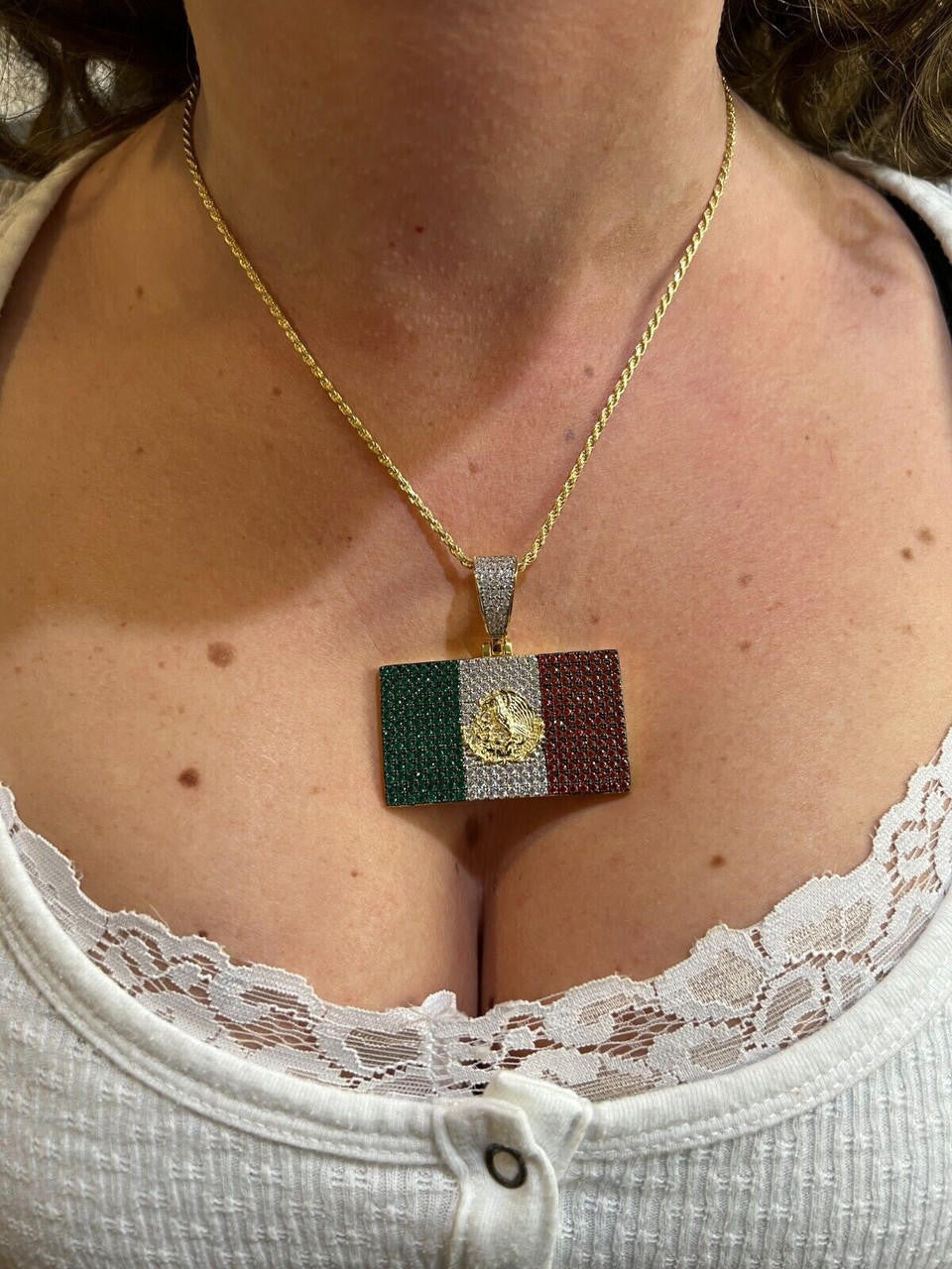 Italiano Silver, Inc. Mexico Necklace 925 Silver Gold Plated Mexican Flag Pendant Chain CZ Necklace