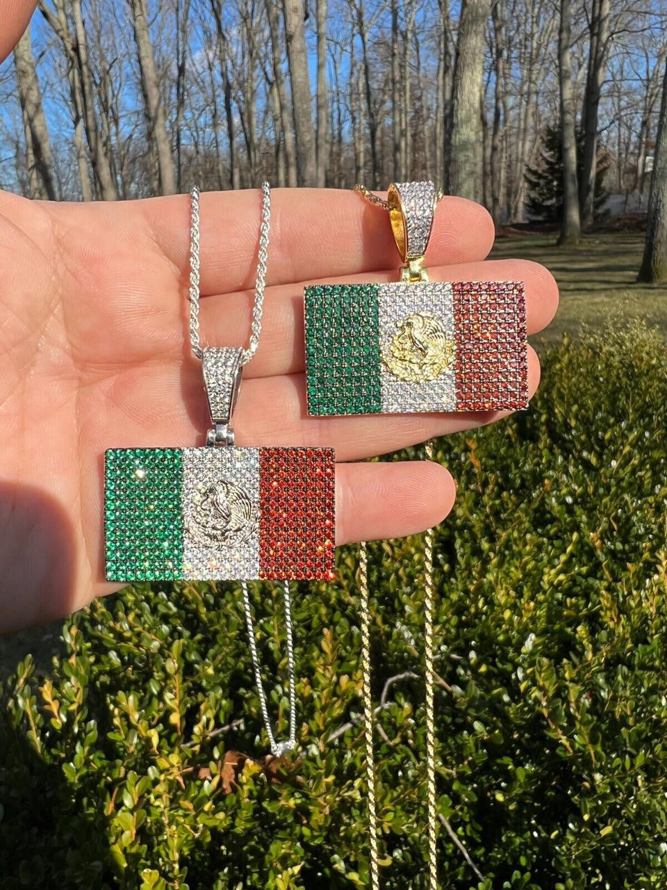 Italiano Silver, Inc. Mexico Necklace 925 Silver Gold Plated Mexican Flag Pendant Chain CZ Necklace