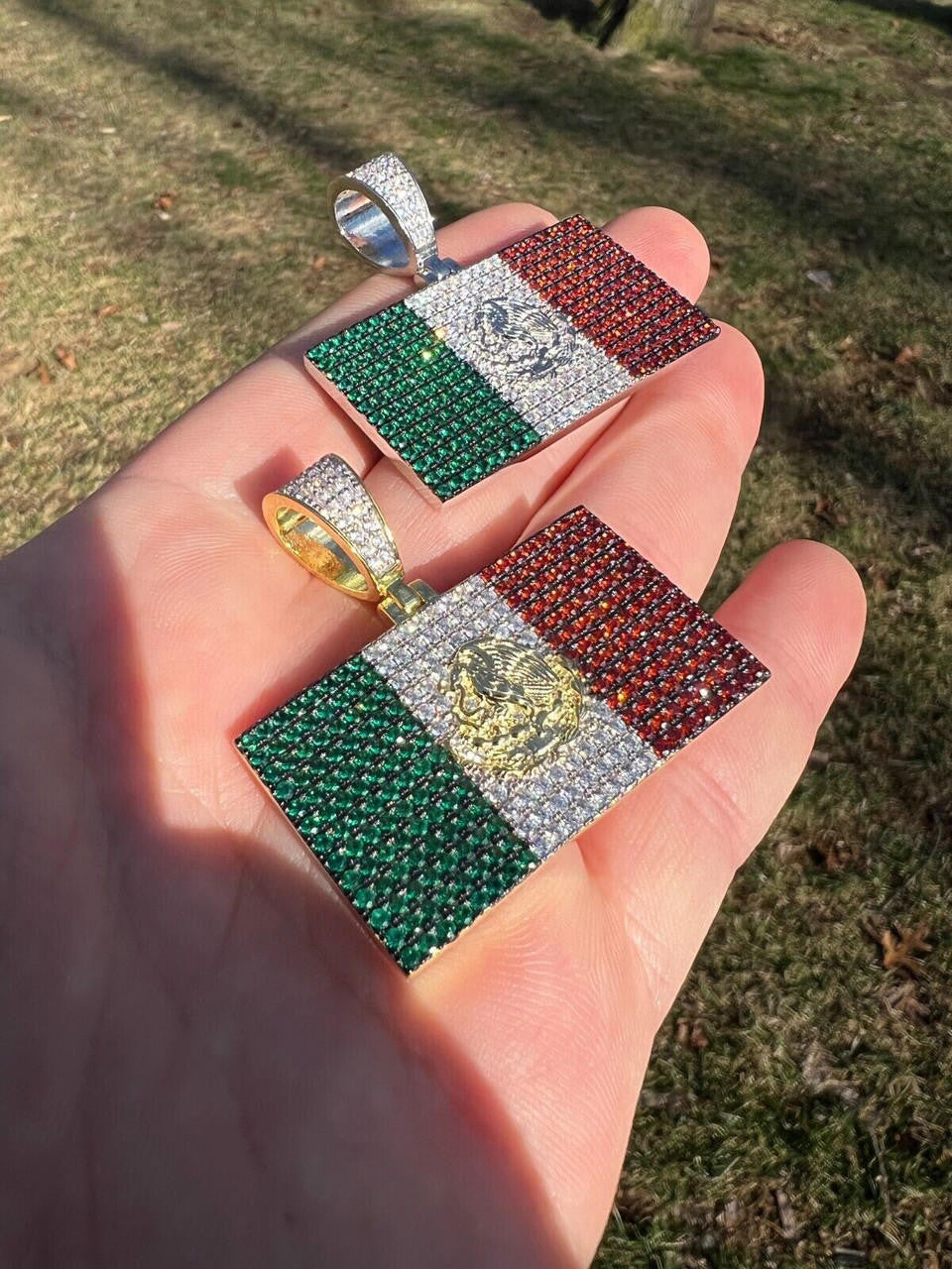 Italiano Silver, Inc. Mexico Necklace 925 Silver Gold Plated Mexican Flag Pendant Chain CZ Necklace