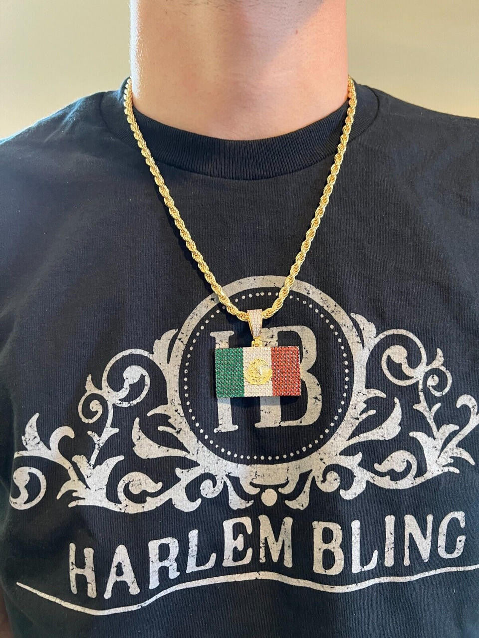 Italiano Silver, Inc. Mexico Necklace 925 Silver Gold Plated Mexican Flag Pendant Chain CZ Necklace