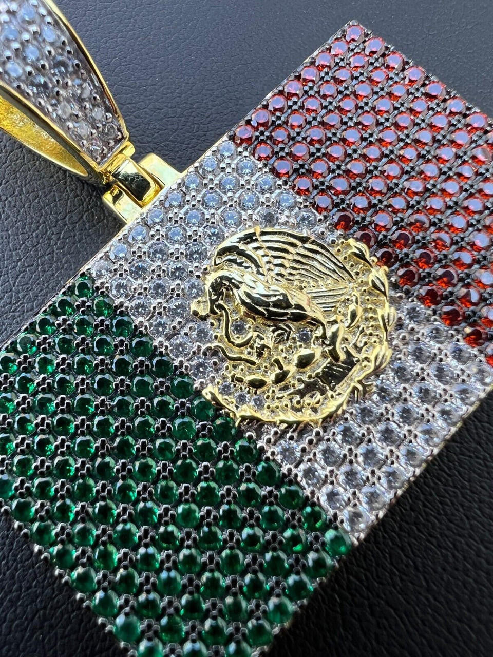 Italiano Silver, Inc. Mexico Necklace 925 Silver Gold Plated Mexican Flag Pendant Chain CZ Necklace