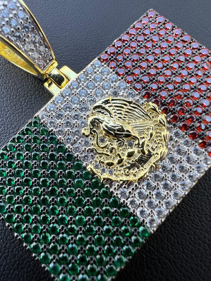 Italiano Silver, Inc. Mexico Necklace 925 Silver Gold Plated Mexican Flag Pendant Chain CZ Necklace