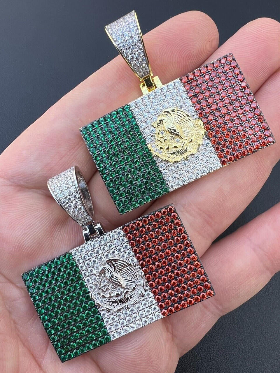 Italiano Silver, Inc. Mexico Necklace 925 Silver Gold Plated Mexican Flag Pendant Chain CZ Necklace